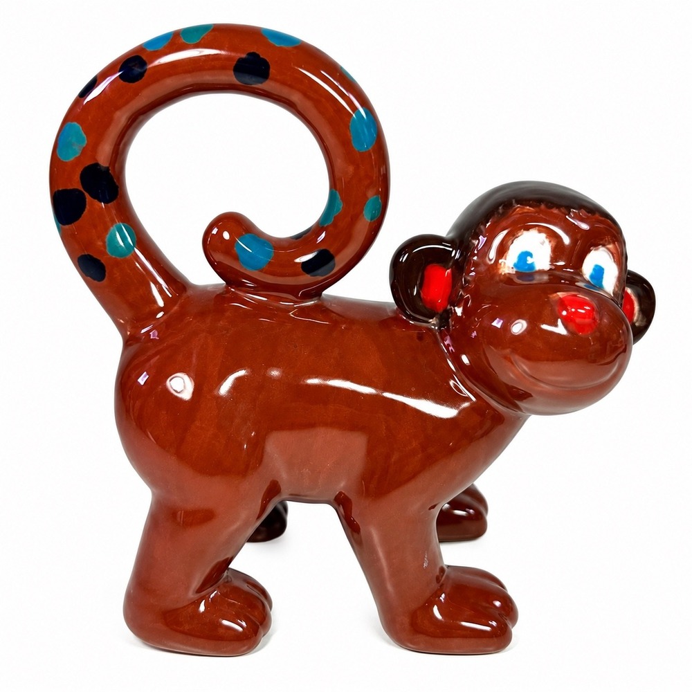 Vintage Ceramic Monkey Figurine Brown Glazed Polka Dot Tail Hand Painted Decor